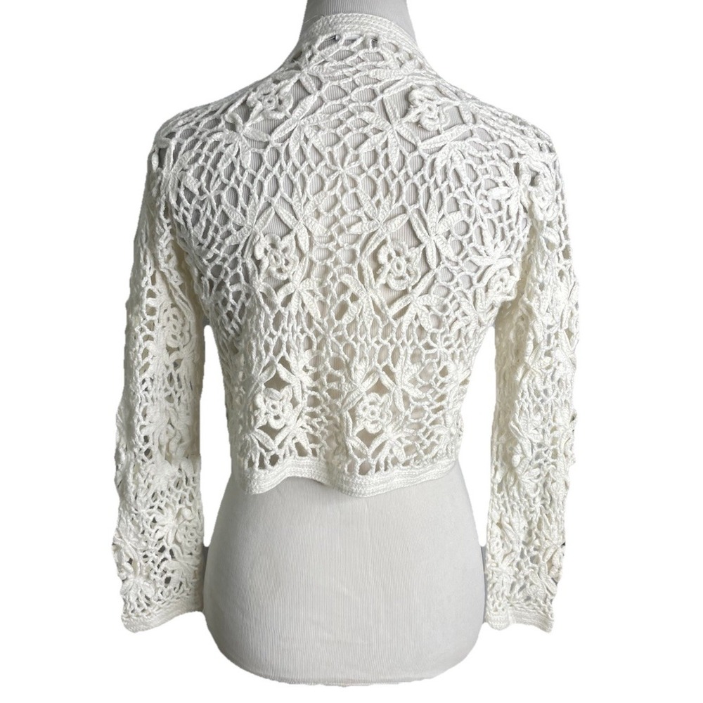 Vtg 90s Contempo White Cropped Crochet Cardigan Sweater Coquette Cottagecore M - Picture 4 of 5